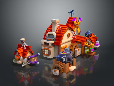 Cartoon Scene With Colorful Cottage Windmill Spider Web Decorations And Pumpkins 3d model