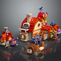 Cartoon Scene With Colorful Cottage Windmill Spider Web Decorations And Pumpkins