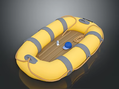 Small White Animal Toy Inside Yellow Inflatable Boat With Blue Hat 3d model