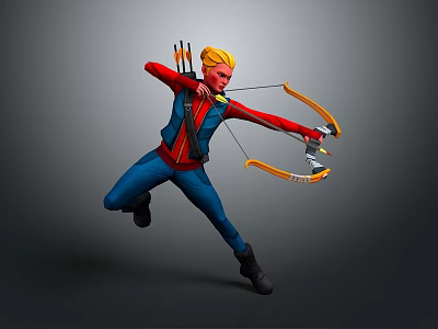 Woman in Red and Blue Outfit Drawing Bow Shooting Arrows Dynamic Pose 3d model