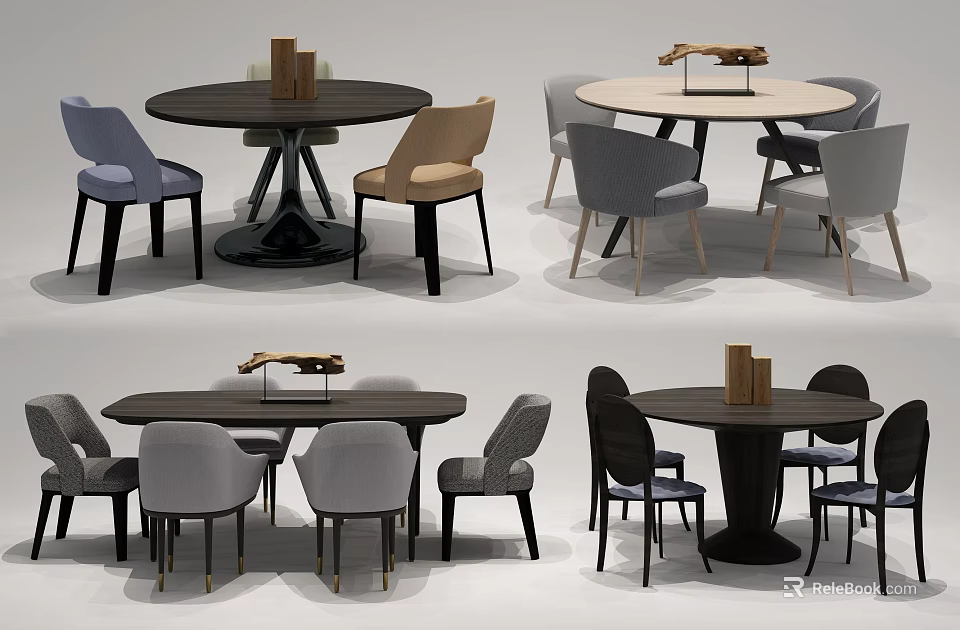 Modern Dining Table Set Collection With Round Rectangular Tops And Multi Colored Chairs 3d model