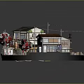 Cartoon Style Japanese Village Scene With Traditional Houses Pathway And Red Decorations