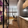 Hotel Guest Room With Colorful Abstract Mural Hanging Guitar And Round Hanging Chair