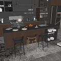 Modern Open Kitchen Interior Design With Island Counter Cabinets And Bar Stools 3d model
