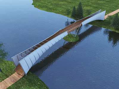 Modern Landscape Bridge Spanning River With Wooden Deck White Arch Structure And Lush Greenery 3d model