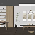 Minimalist Tea Room Interior With Wooden Tea Table Bamboo Plant And Wall Artwork