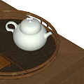 White Ceramic Teapot On Bamboo Tray With Wooden Tea Accessories