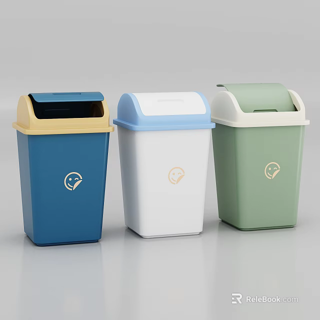 Public Facility Three Colorful Trash Bins With Blue White Green Colors And Smiley Logo 3d model 