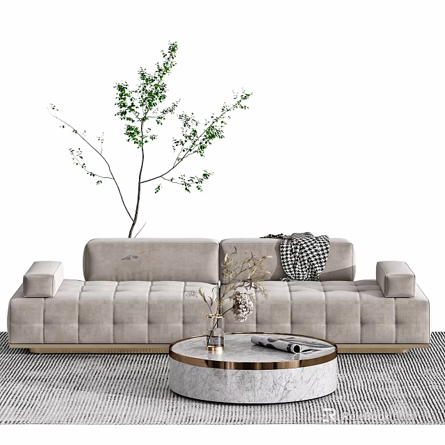 Modern Light Gray Sectional Sofa With Round Coffee Table Green Plant And Patterned Rug 3d model