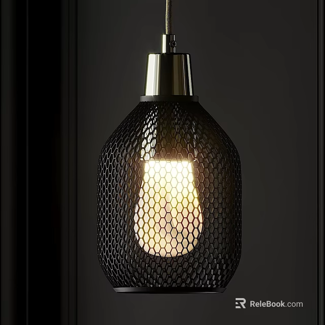 Modern Black Pendant Light With Honeycomb Mesh Design Metallic Finish And Illuminated Bulb 3d model 