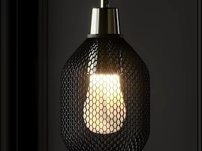 Modern Black Pendant Light With Honeycomb Mesh Design Metallic Finish And Illuminated Bulb 3d model