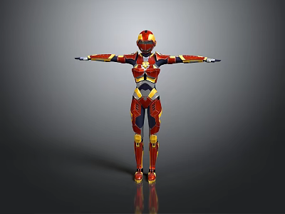 Red And Yellow Robot With Outstretched Arms Standing Against Gray Background With Floor Reflection 3d model
