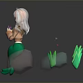 White Haired Mermaid Character Sitting On Rock With Green Plants And Pink Flower