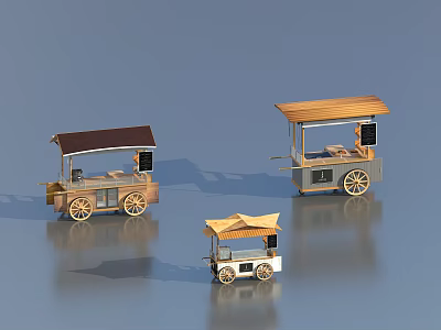 Functional Mobile Carts In Three Sizes With Wooden Roof And Wheels 3d model
