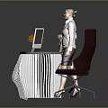 Modern Reception Desk With Ribbed Design And Orange Flower Vase Computer Monitor Black Chair