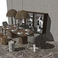 Rustic Dining Table Set With Wooden Stools Woven Pendant Lights And Green Plants