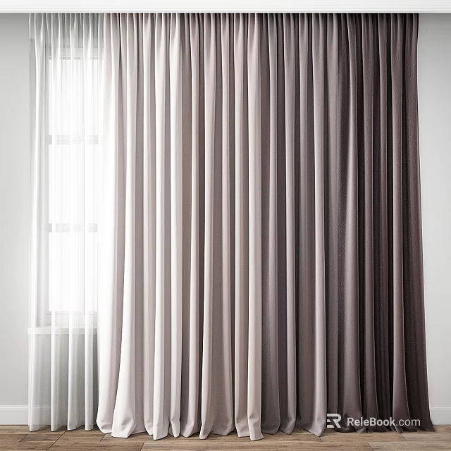 Layered Curtains With Sheer White Lining And Neutral Tones For Modern Home Decor 3d model 