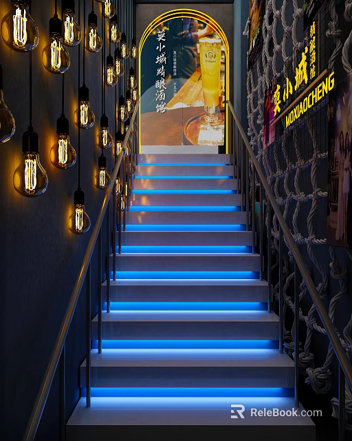 Modern Staircase Interior With Blue LED Strip Lighting And Vintage Bulb Pendant Lights 3d model 