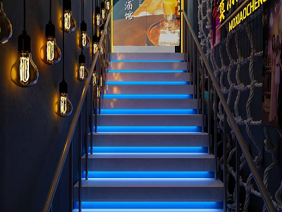 Modern Staircase Interior With Blue LED Strip Lighting And Vintage Bulb Pendant Lights 3d model