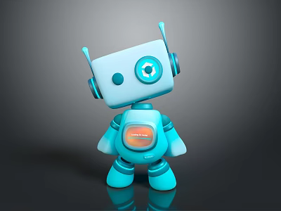 Blue Cartoon Robot Character With Big Eyes Antennas And Orange Screen 3d model
