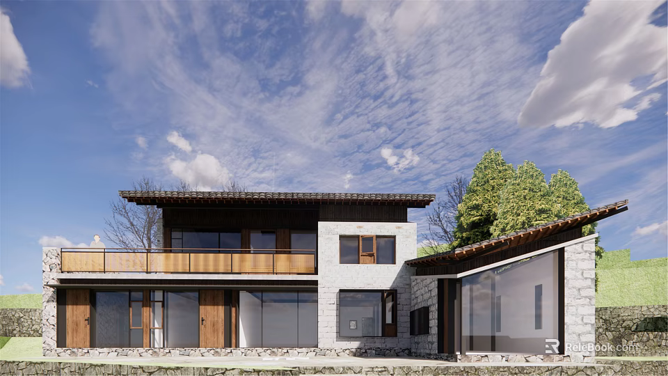 Traditional Modern Guesthouse Building With Wooden Roof Glass Windows And Green Trees 3d model 