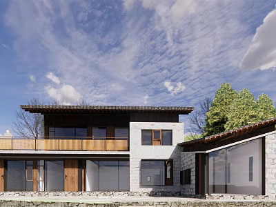 Traditional Modern Guesthouse Building With Wooden Roof Glass Windows And Green Trees 3d model