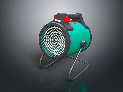 Green Portable Air Cooler Fan With Red Buttons Black Handle And Spiral Grille Stand 3d model