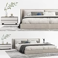 Modern Double Bed With Upholstered Headboard Bedside Tables Vase Decor And Grey Rug