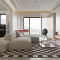 Modern Open Living Dining Room With Wooden Walls Sofa Dining Table And Red Pendant Light