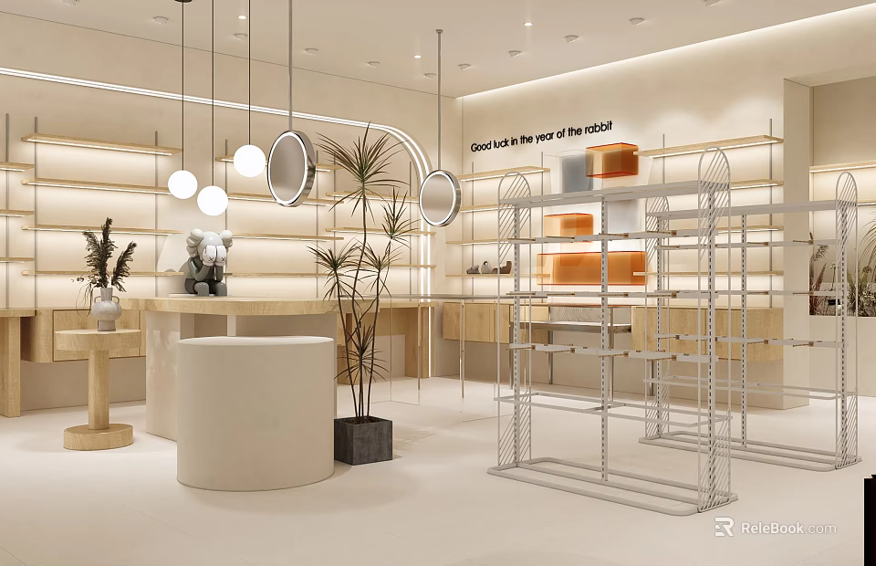 Modern Stylish Boutique Interior With Metal Display Racks Round Counter Pendant Lights And Green Plants 3d model 