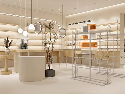 Modern Stylish Boutique Interior With Metal Display Racks Round Counter Pendant Lights And Green Plants 3d model