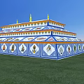 Traditional Multi tiered Religious Building With Blue White Design And Golden Spires On Green Grass