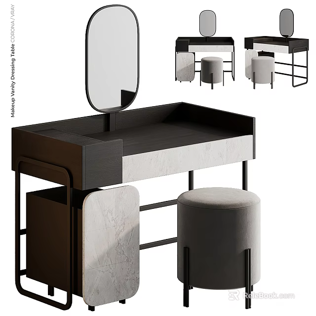 Elegant Modern Dressing Table With Round Mirror And Soft Stool Marble Top Design 3d model