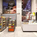 Supermarket General Merchandise Store Interior With Refrigerated Display Cases Shelves And Checkout Counter