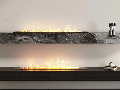 Modern Built In Fireplace With Realistic Flames Marble Surround And Wooden Storage Cabinets 3d model
