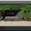 Chinese Restaurant Interior With Bamboo Decor Green Vines Wooden Table Skewers And Stone Railings