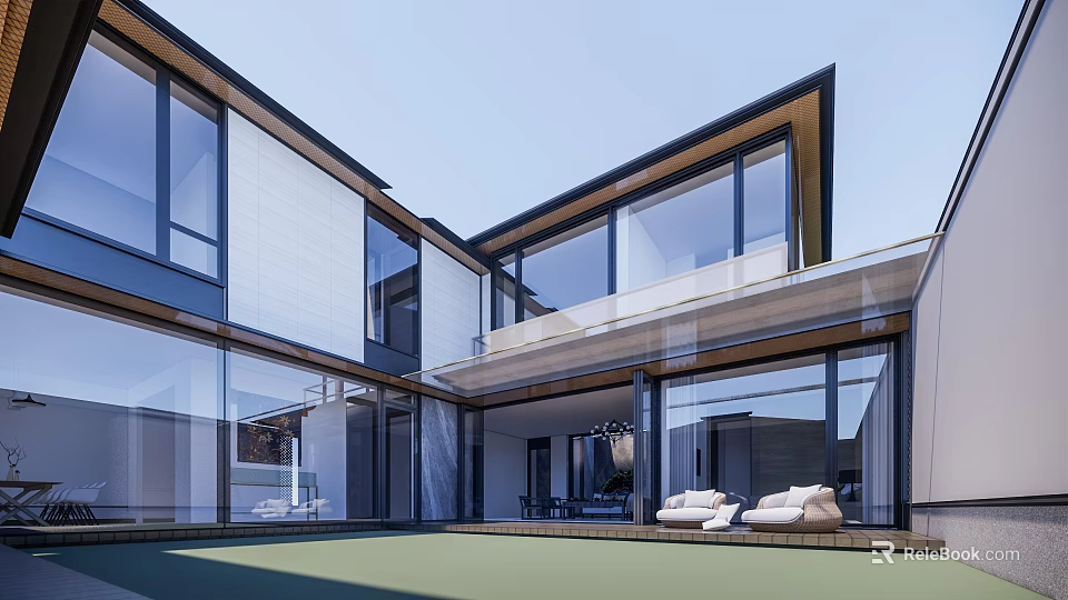 Modern Townhouse Architectural Design With Large Glass Windows And Open Layout Courtyard 3d model 