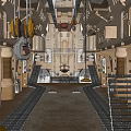 Automotive Workshop Interior With Metal Structures Chains Hoists And Symmetrical Lighting Tracks