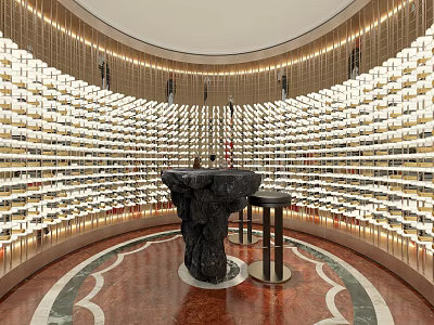 Luxury Wine Cellar Interior With Circular Racks And Central Stone Table 3d model