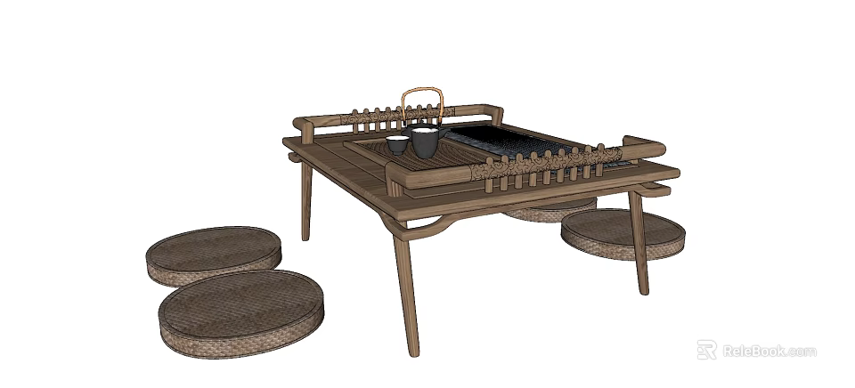Traditional Wooden Tea Table And Chairs With Tea Set And Round Woven Cushions 3d model 