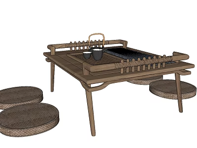 Traditional Wooden Tea Table And Chairs With Tea Set And Round Woven Cushions 3d model
