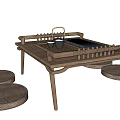 Traditional Wooden Tea Table And Chairs With Tea Set And Round Woven Cushions
