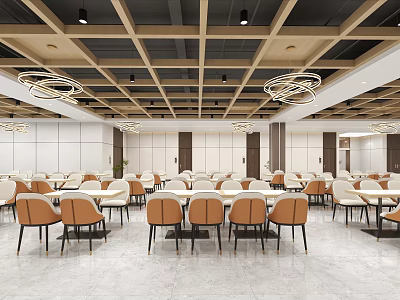 Modern Restaurant Interior Design With Wooden Grid Ceiling Circular Pendant Lights White Walls And Seats 3d model