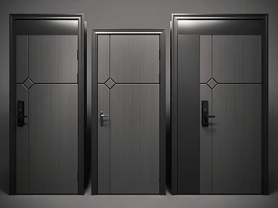 Three Modern Hinged Doors with Dark Wood Texture and Sleek Panel Design 3d model