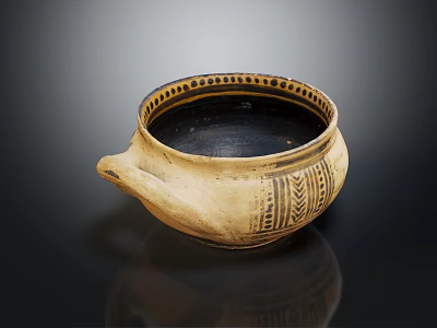 Beige Ceramic Teapot with Black Decorated Rim and Patterned Surface on Reflective Background 3d model