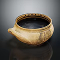 Beige Ceramic Teapot with Black Decorated Rim and Patterned Surface on Reflective Background
