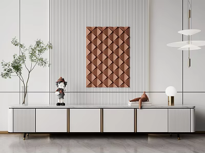 Modern TV Cabinet with Striped Wall Brown Art Green Plant Figurine Books and Hanging Lights 3d model