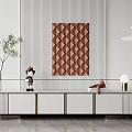 Modern TV Cabinet with Striped Wall Brown Art Green Plant Figurine Books and Hanging Lights