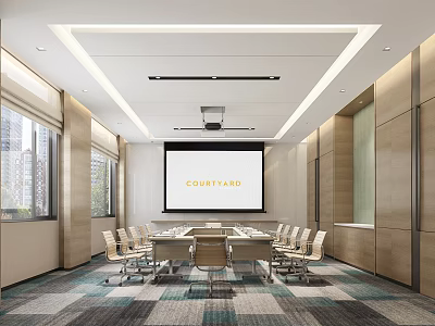 Modern Conference Room Interior with Projection Screen Long Table Chairs Wooden Walls Carpet and Projector 3d model