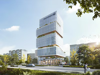 Modern High Rise Building Exterior With Glass Facade Greenery Trees And Urban Pedestrians 3d model